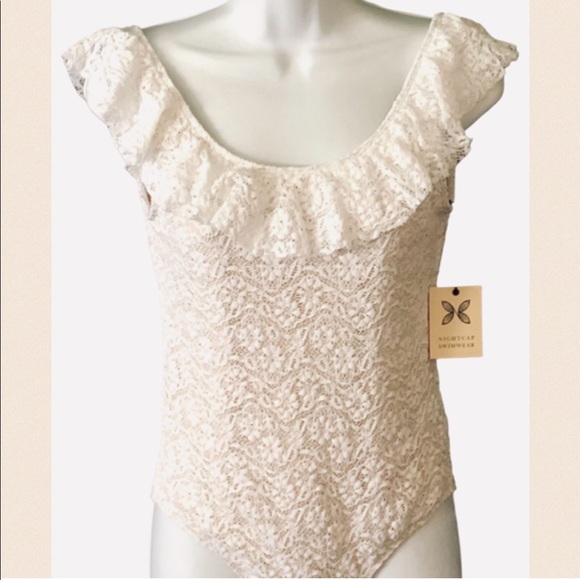 NIGHTCAP x Free People Hanalei M 8/10 Ivory Lace Ruffled 1-Piece Maillot Swim - Picture 5 of 7